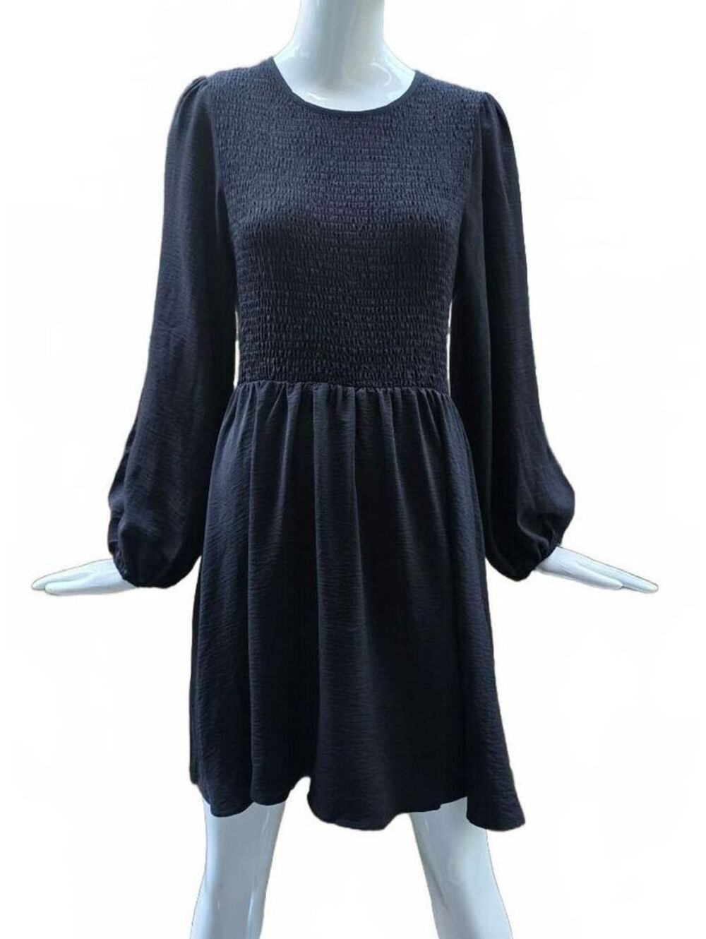Molly Bracken Black knee Length Long Sleeve Fit and Flare Dress Shirred Bodice L